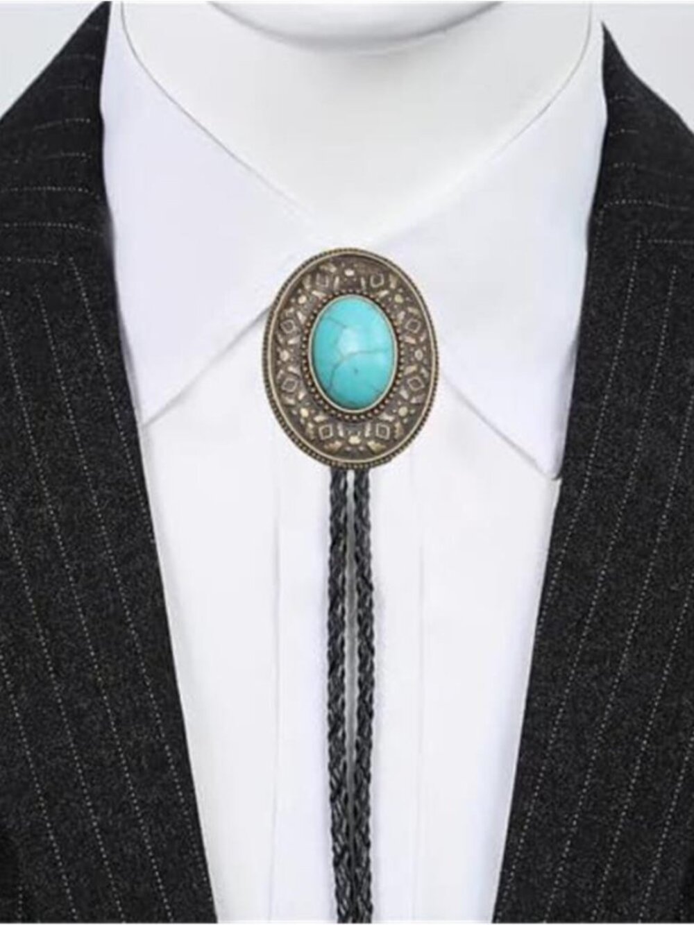 Blue Center Silver Plated Bolo Tie Black Leather Cord Western Cowboy